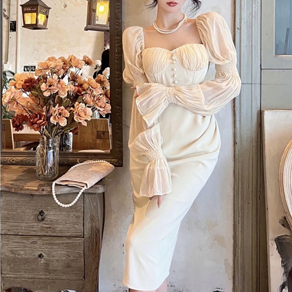 Elegant Fluffy Sleeve Midi Dress - Picture 2 of 7